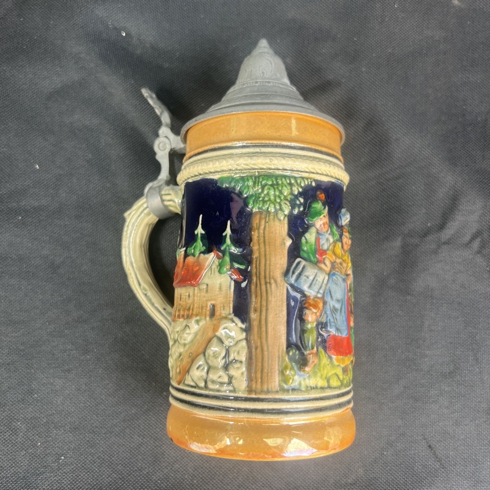 Original Vintage Signed German Ceramic Hand Painted Glazed Pewter Lid Beer Stein